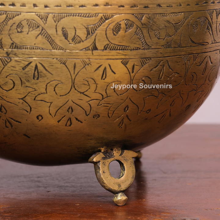 Handcrafted Engraved Brass Planter Pot with Peacock Handles