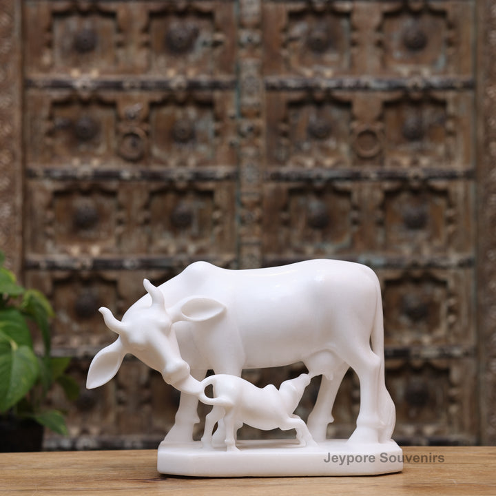 11" Pure White Marble Cow and Calf Statue (Kamdhenu)