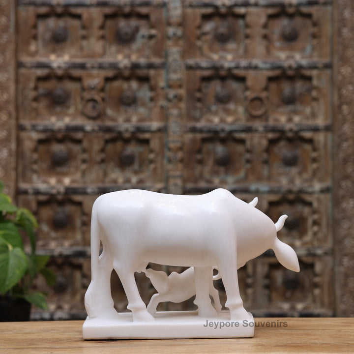 11" Pure White Marble Cow and Calf Statue (Kamdhenu)