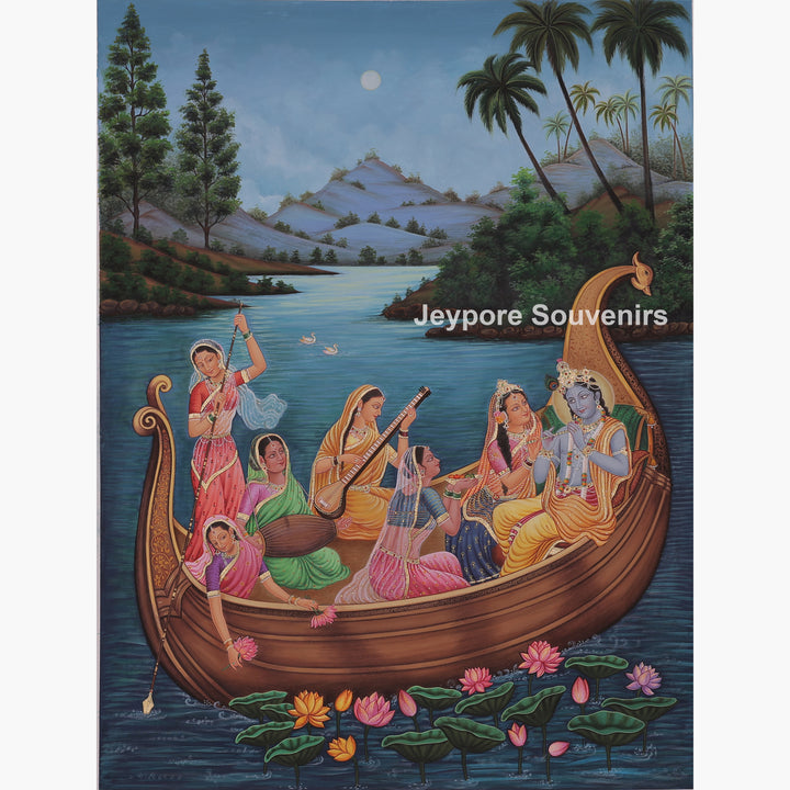 Peaceful Boat Ride Radha Krishna And A Bright Moon