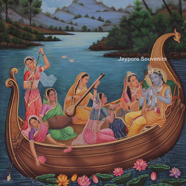 Peaceful Boat Ride Radha Krishna And A Bright Moon
