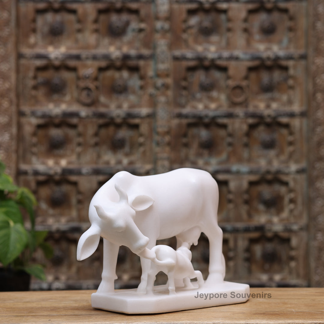 11" Pure White Marble Cow and Calf Statue (Kamdhenu)
