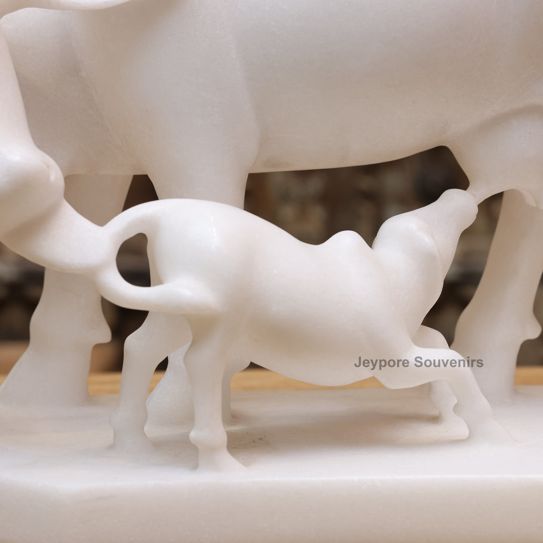 11" Pure White Marble Cow and Calf Statue (Kamdhenu)