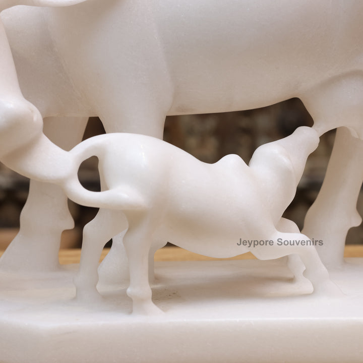 11" Pure White Marble Cow and Calf Statue (Kamdhenu)