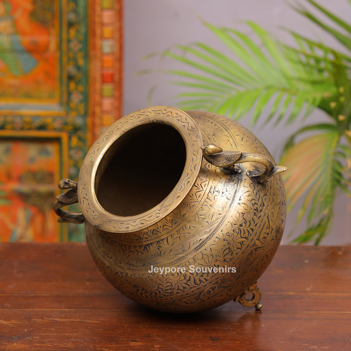 Handcrafted Engraved Brass Planter Pot with Peacock Handles