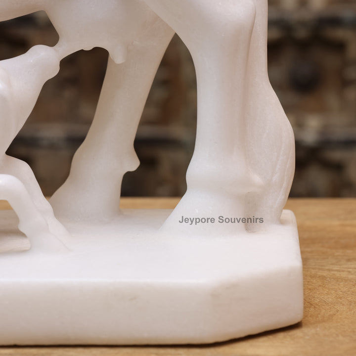 11" Pure White Marble Cow and Calf Statue (Kamdhenu)