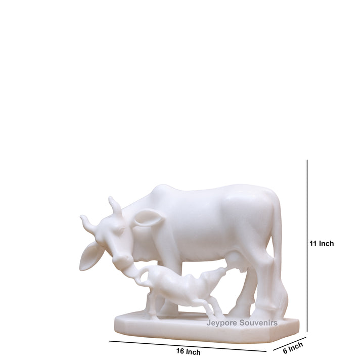 11" Pure White Marble Cow and Calf Statue (Kamdhenu)