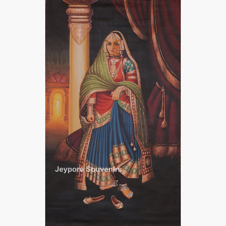Handcrafted Traditional Rajasthani Woman Canvas Painting With Royal Attire