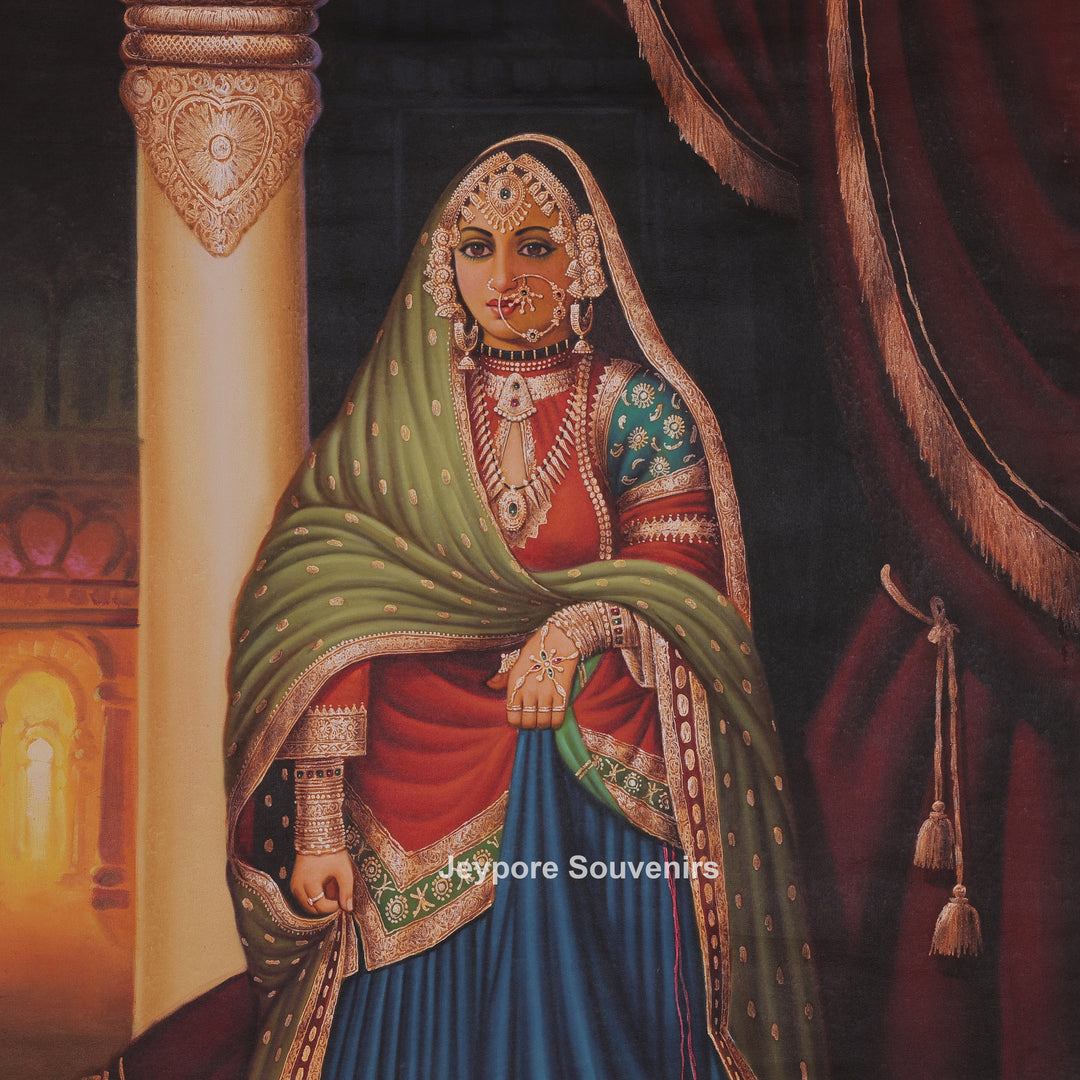 Handcrafted Traditional Rajasthani Woman Canvas Painting With Royal Attire