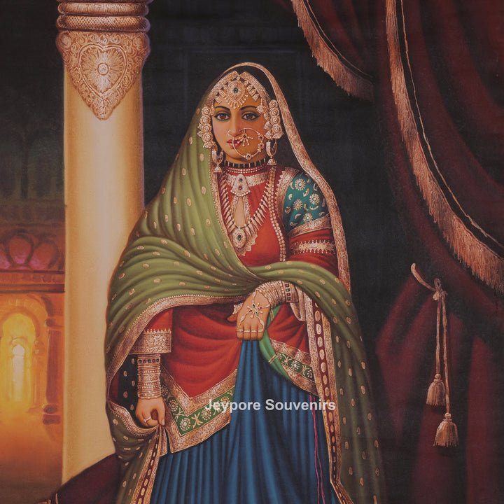 Handcrafted Traditional Rajasthani Woman Canvas Painting With Royal Attire