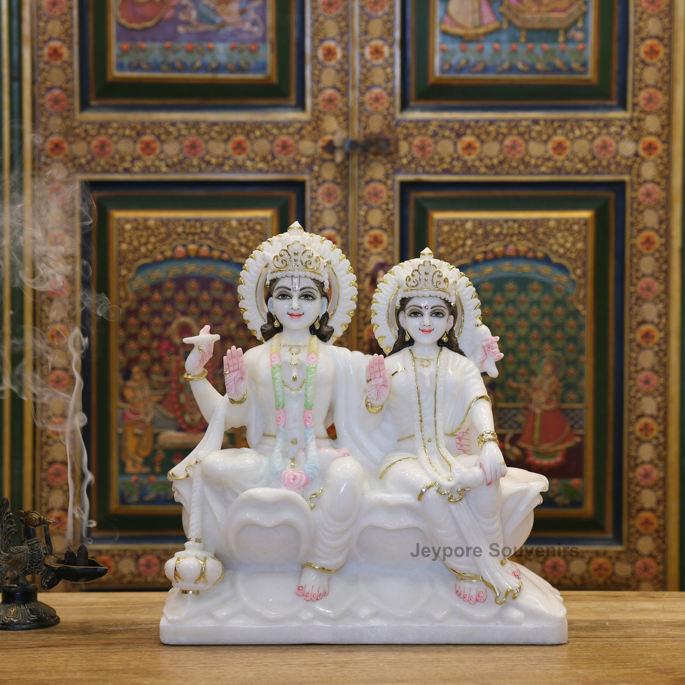 15" Premium White Marble Lord Lakshmi And Vishnu Seated Idol Set with Real Gold Work