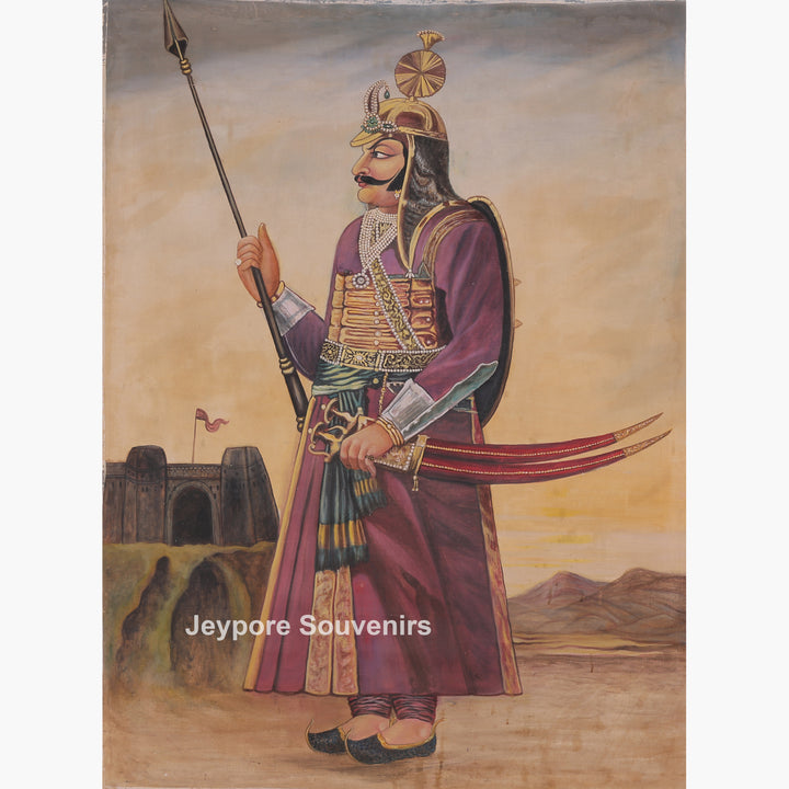 Maharana Pratap Standing Canvas Painting with Spear and Sword