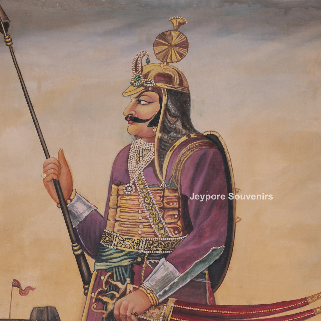 Maharana Pratap Standing Canvas Painting with Spear and Sword