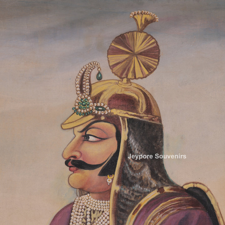 Maharana Pratap Standing Canvas Painting with Spear and Sword