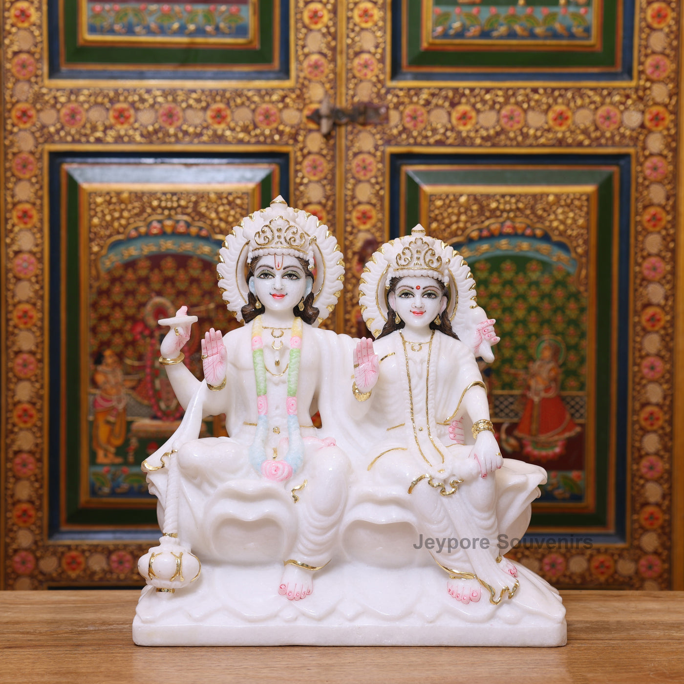15" Premium White Marble Lord Lakshmi And Vishnu Seated Idol Set with Real Gold Work