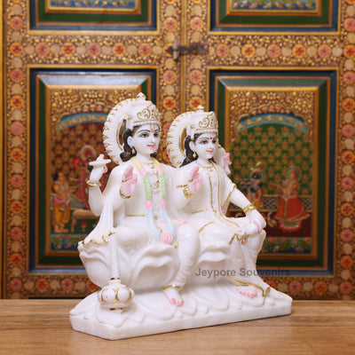 15" Premium White Marble Lord Lakshmi And Vishnu Seated Idol Set with Real Gold Work