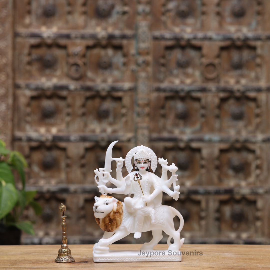 7" Pure White Marble Maa Durga Statue on Lion