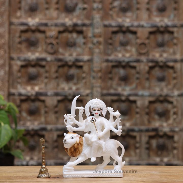 9" Pure White Marble Maa Durga Statue on Lion