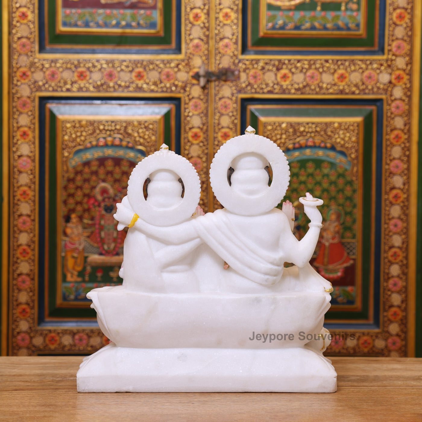 15" Premium White Marble Lord Lakshmi And Vishnu Seated Idol Set with Real Gold Work