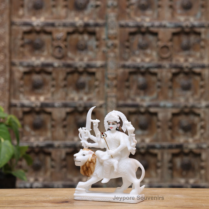 7" Pure White Marble Maa Durga Statue on Lion