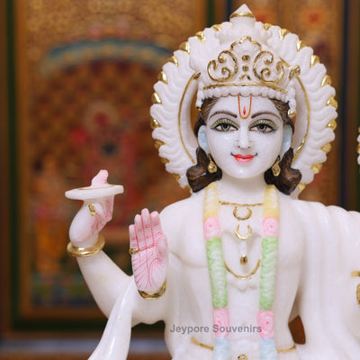 15" Premium White Marble Lord Lakshmi And Vishnu Seated Idol Set with Real Gold Work