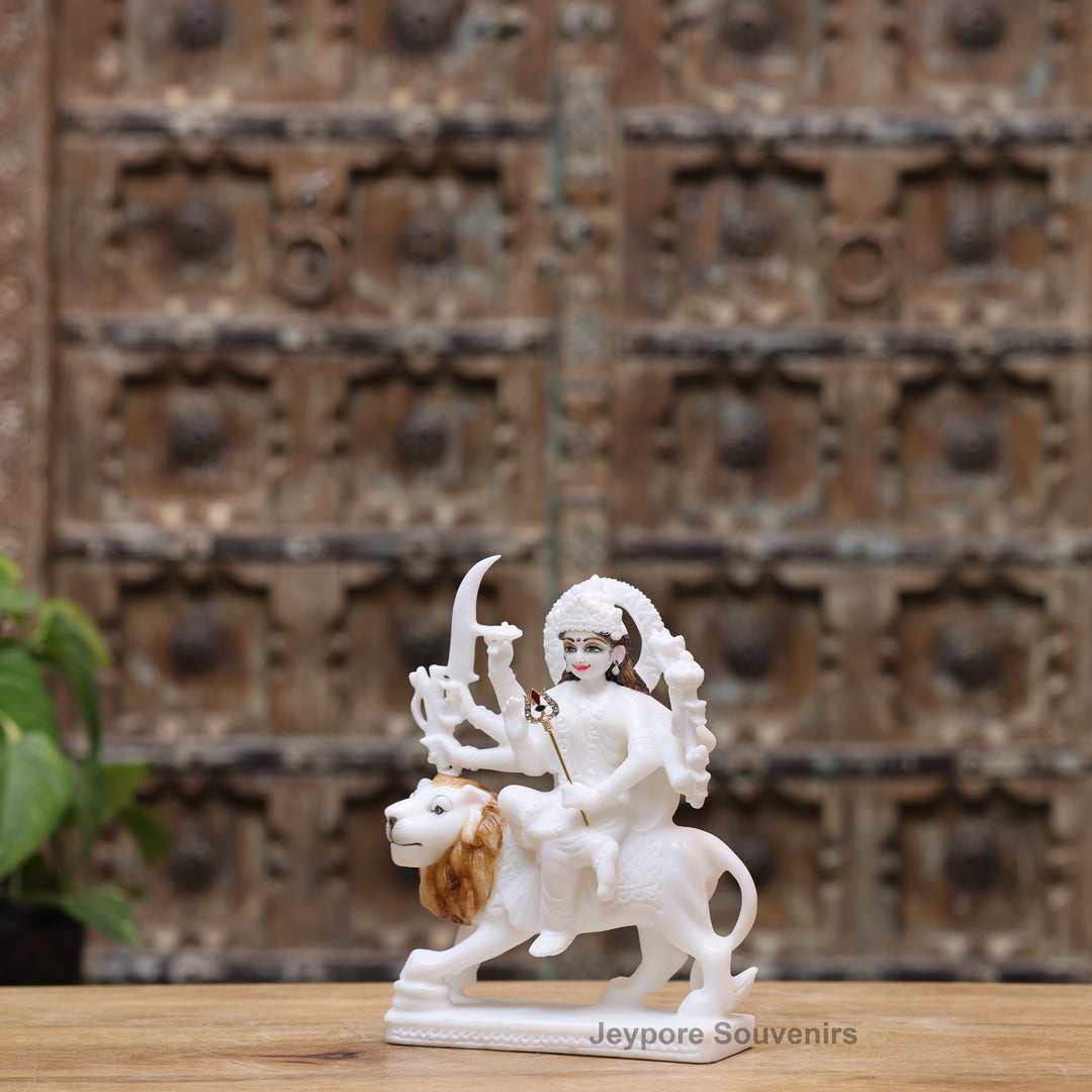 9" Pure White Marble Maa Durga Statue on Lion