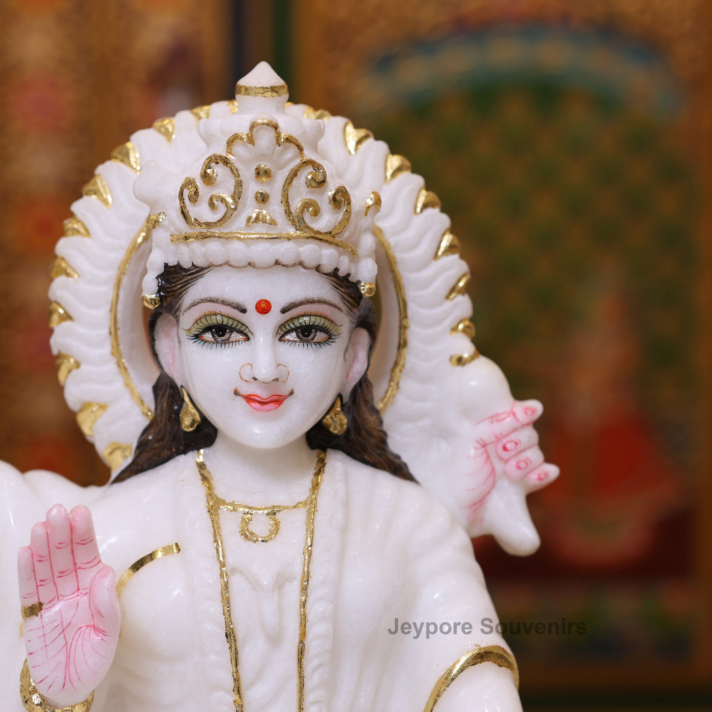 15" Premium White Marble Lord Lakshmi And Vishnu Seated Idol Set with Real Gold Work