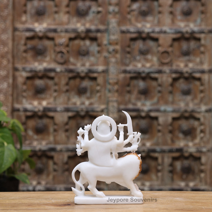 9" Pure White Marble Maa Durga Statue on Lion