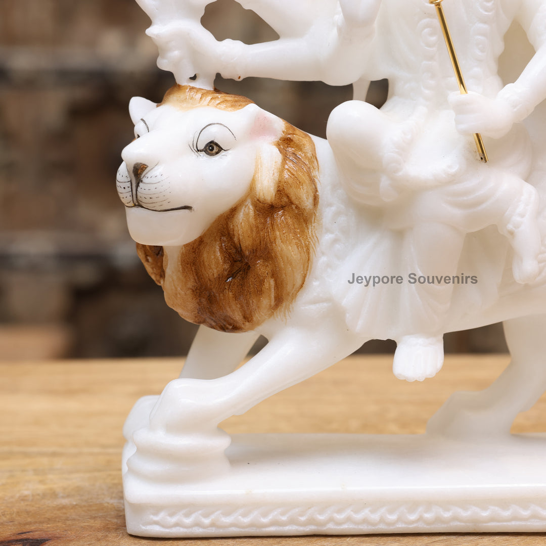 9" Pure White Marble Maa Durga Statue on Lion