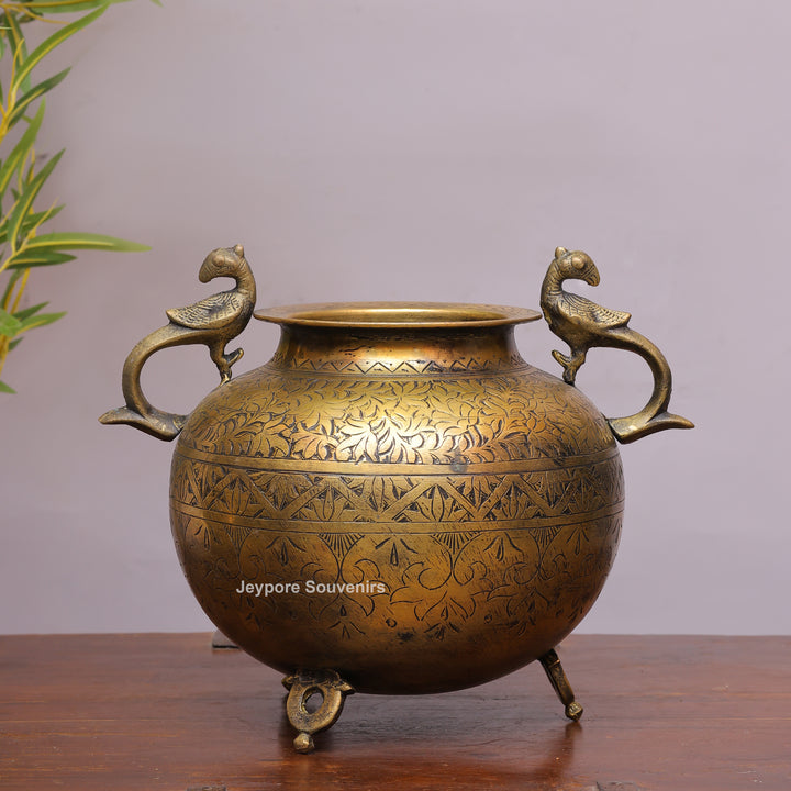 Brass Peacock Handle Decorative Pot for Luxury Home Décor