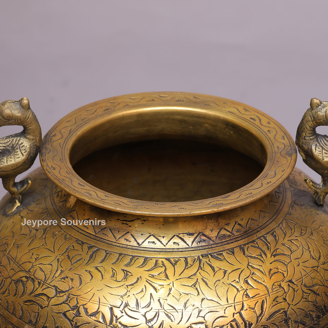 Brass Peacock Handle Decorative Pot for Luxury Home Décor