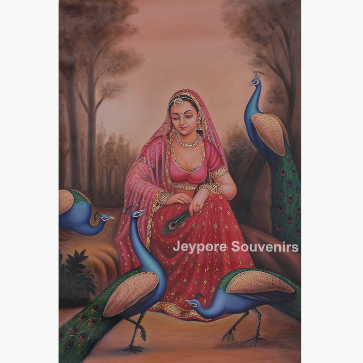 Traditional Rajasthani Lady Canvas Painting Surrounded by Peacocks
