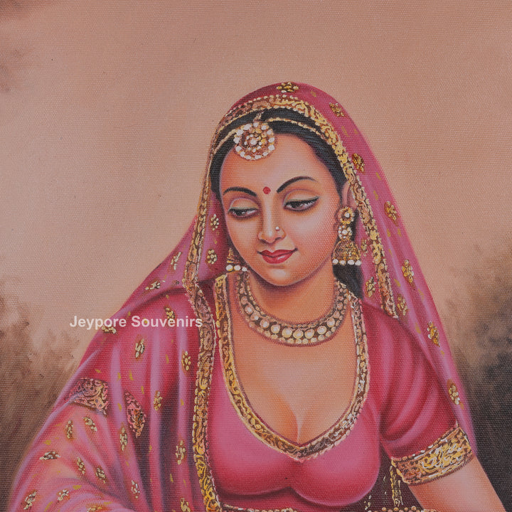 Traditional Rajasthani Lady Canvas Painting Surrounded by Peacocks