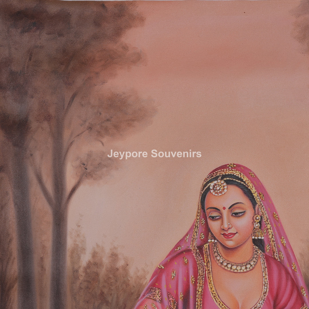 Traditional Rajasthani Lady Canvas Painting Surrounded by Peacocks
