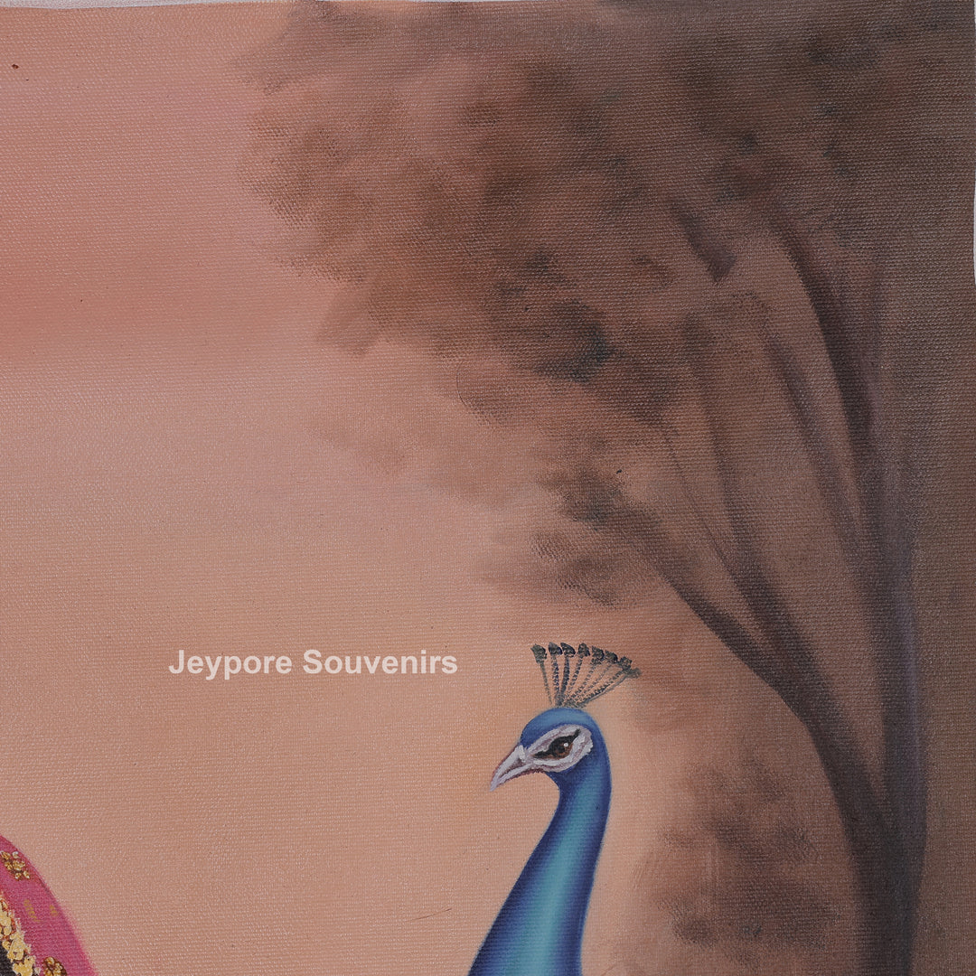 Traditional Rajasthani Lady Canvas Painting Surrounded by Peacocks