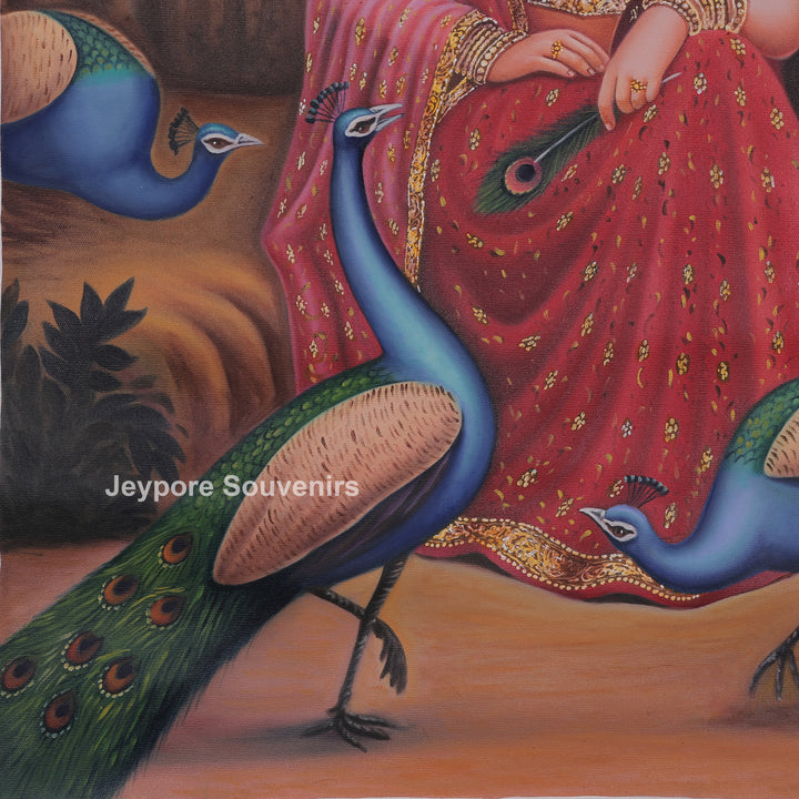 Traditional Rajasthani Lady Canvas Painting Surrounded by Peacocks