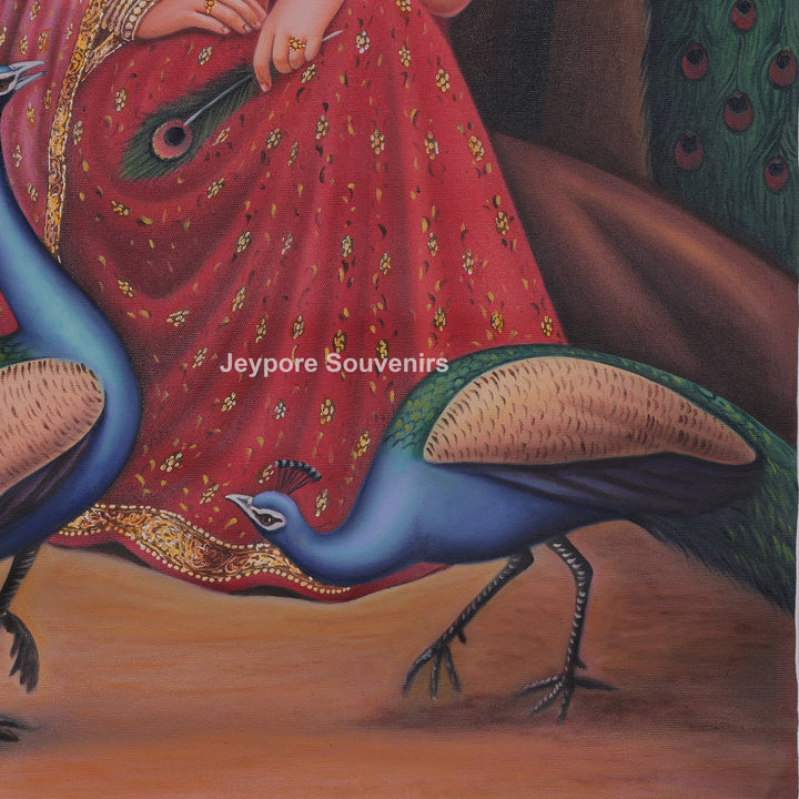 Traditional Rajasthani Lady Canvas Painting Surrounded by Peacocks