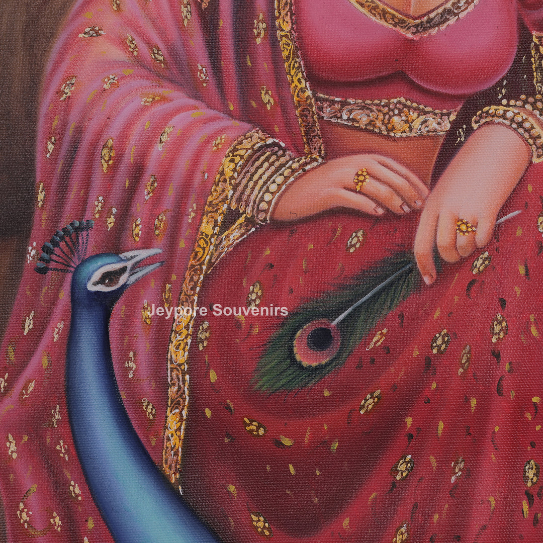 Traditional Rajasthani Lady Canvas Painting Surrounded by Peacocks