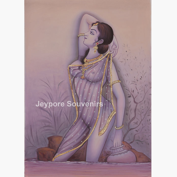 Indian Beauty in Sheer Saree Canvas Painting Standing by Water