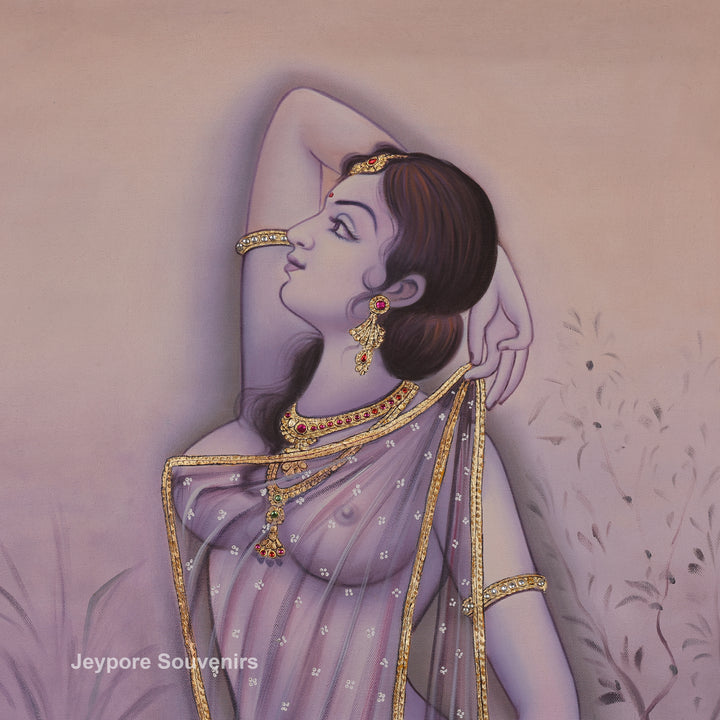 Indian Beauty in Sheer Saree Canvas Painting Standing by Water