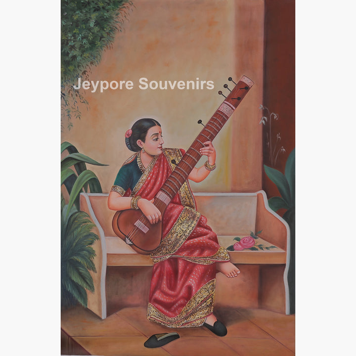 Raja Ravi Varma Inspired Lady with Veena Hand-Painted Canvas Painting