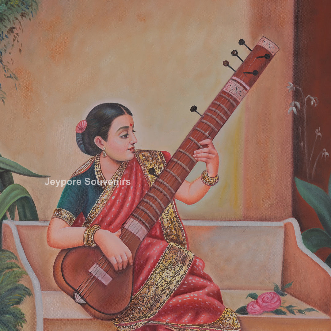 Raja Ravi Varma Inspired Lady with Veena Hand-Painted Canvas Painting