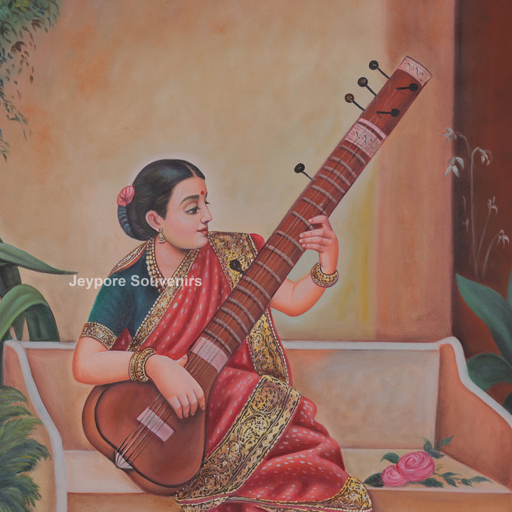 Raja Ravi Varma Inspired Lady with Veena Hand-Painted Canvas Painting