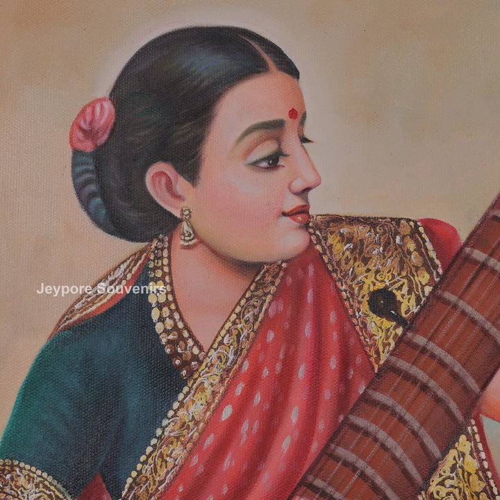 Raja Ravi Varma Inspired Lady with Veena Hand-Painted Canvas Painting