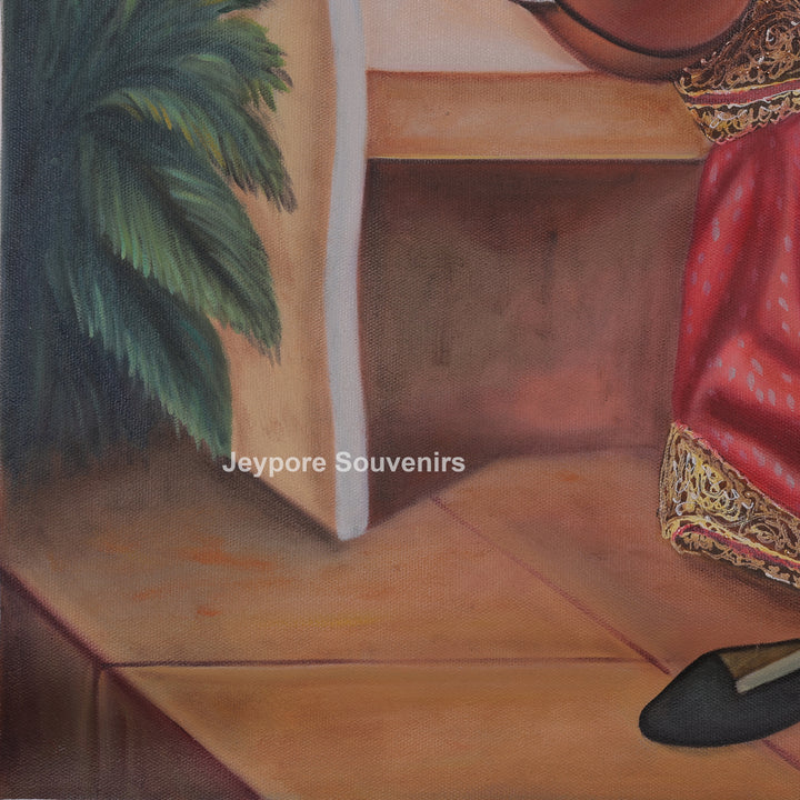 Raja Ravi Varma Inspired Lady with Veena Hand-Painted Canvas Painting