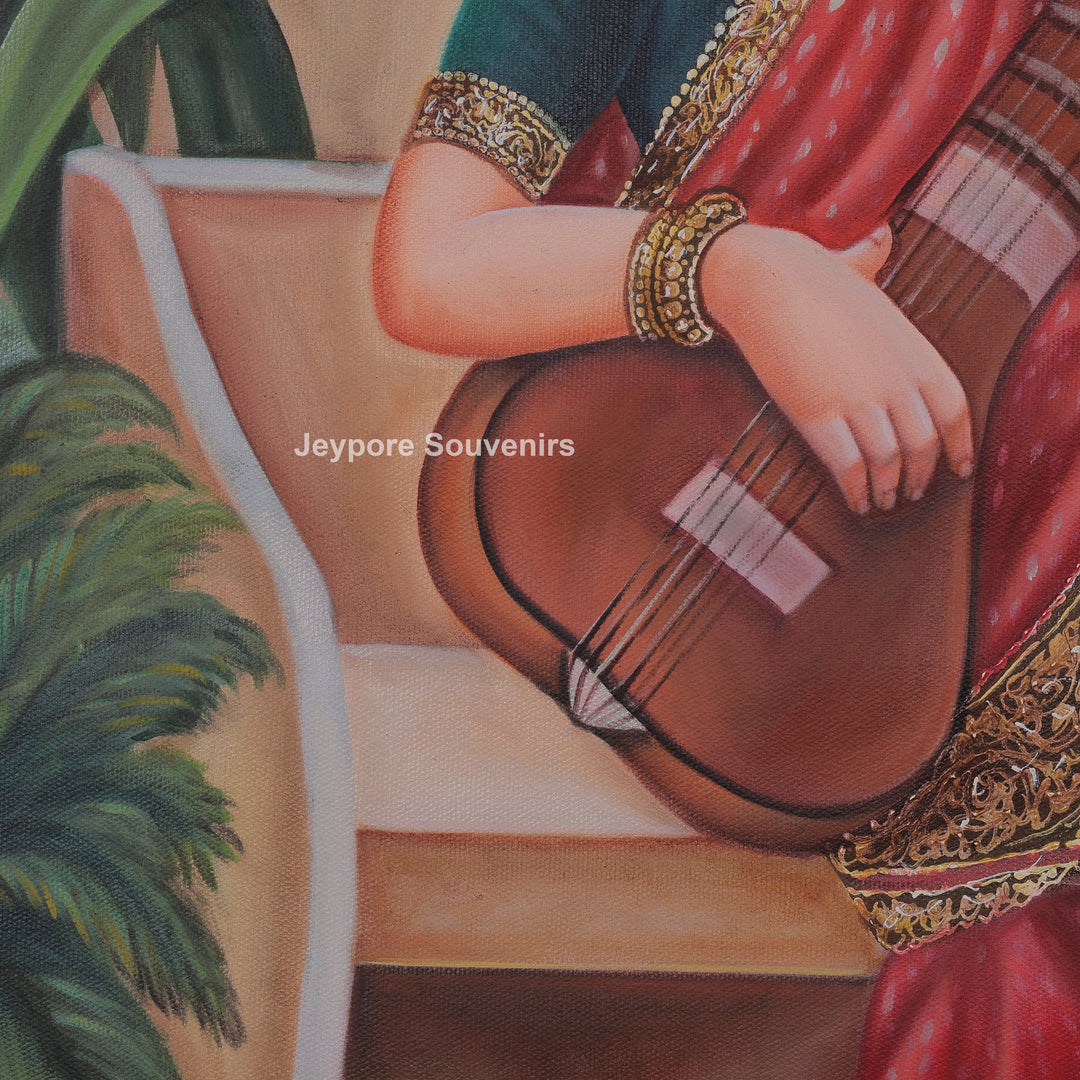 Raja Ravi Varma Inspired Lady with Veena Hand-Painted Canvas Painting
