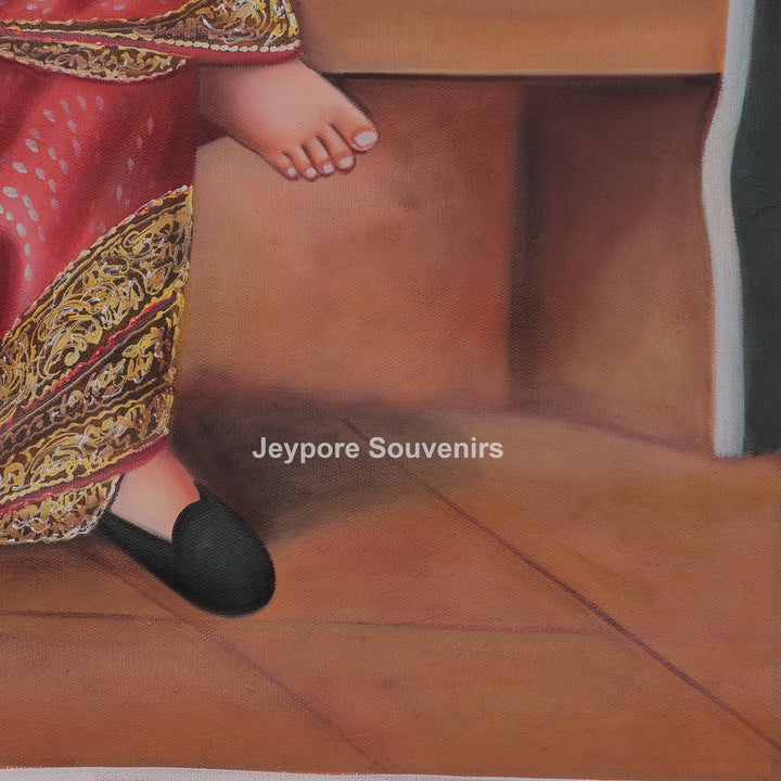 Raja Ravi Varma Inspired Lady with Veena Hand-Painted Canvas Painting