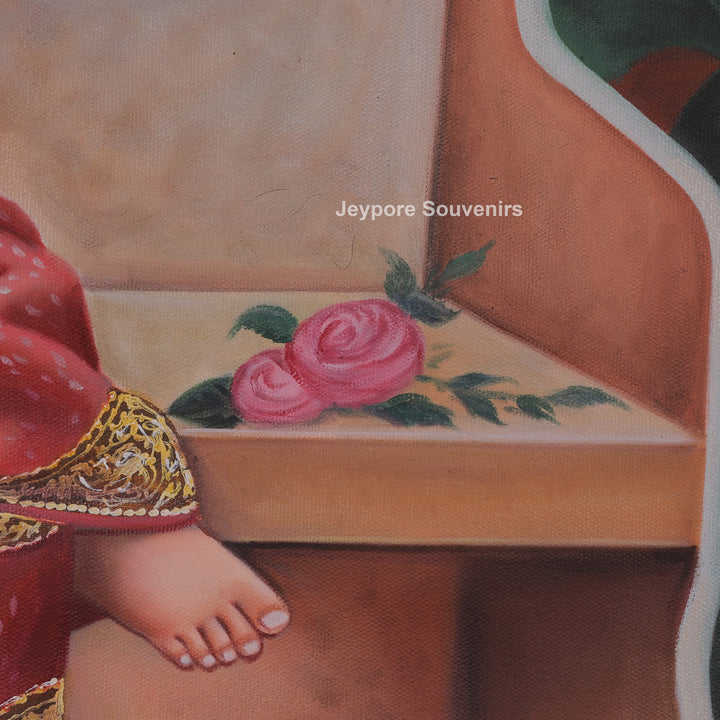 Raja Ravi Varma Inspired Lady with Veena Hand-Painted Canvas Painting