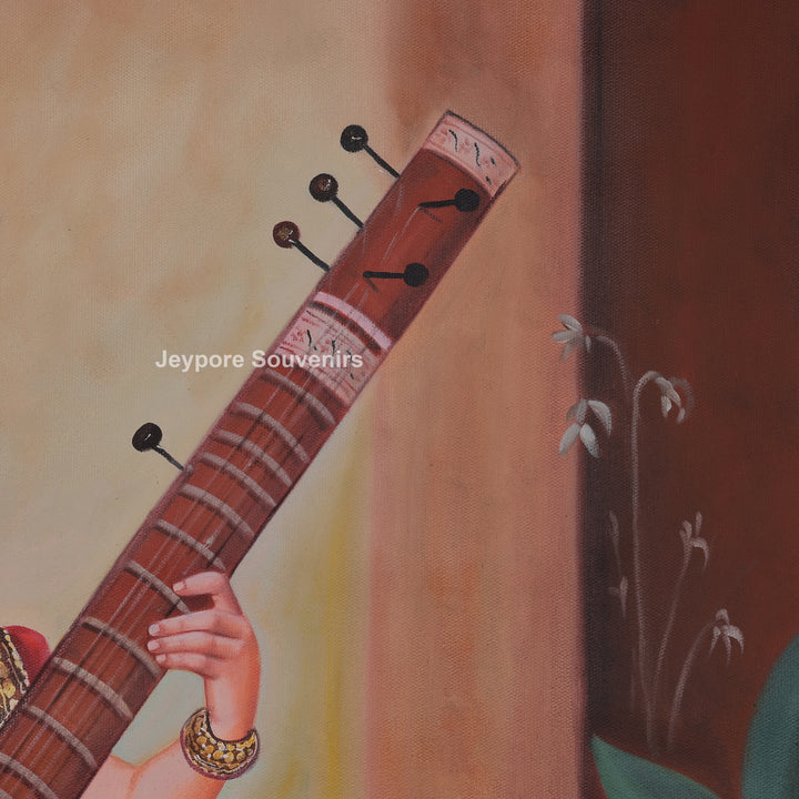 Raja Ravi Varma Inspired Lady with Veena Hand-Painted Canvas Painting