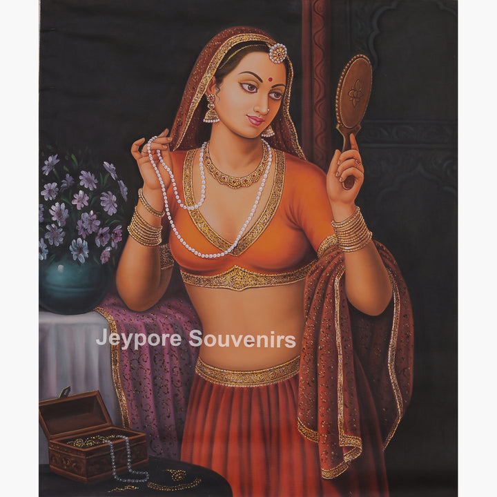Rajasthani Woman Adorning Herself Hand-Painted Canvas Painting